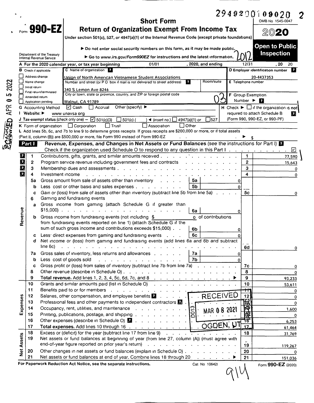 Image of first page of 2020 Form 990EZ for Union of North American Vietnamesestudent Associations