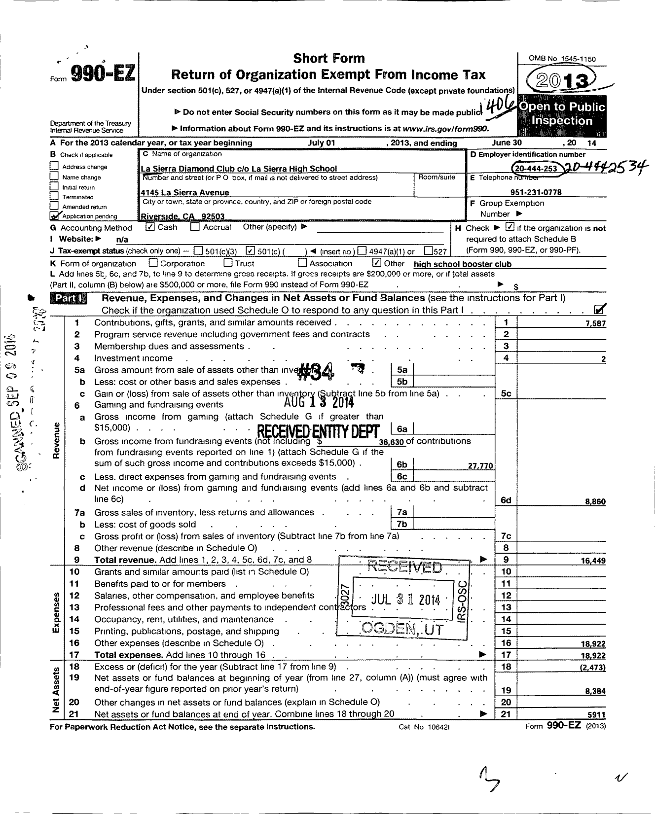 Image of first page of 2013 Form 990EO for La Sierra Diamond Club