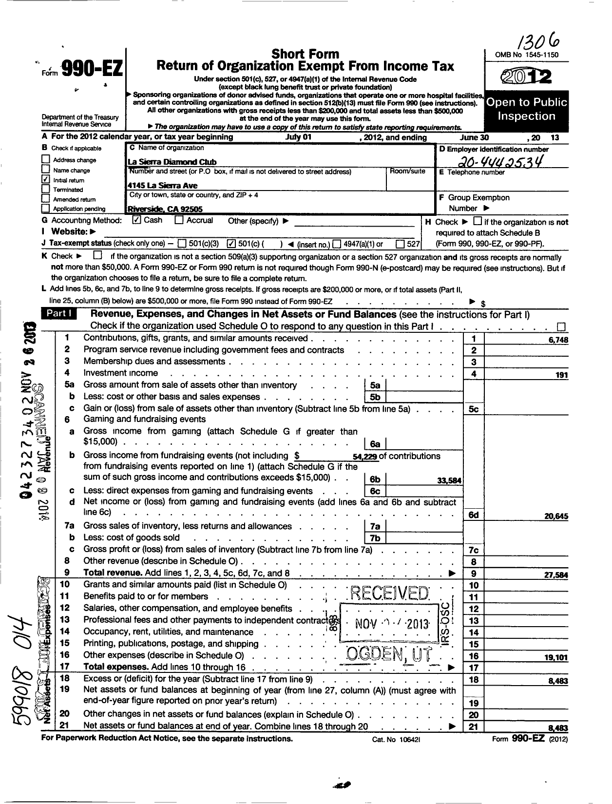 Image of first page of 2012 Form 990EO for La Sierra Diamond Club