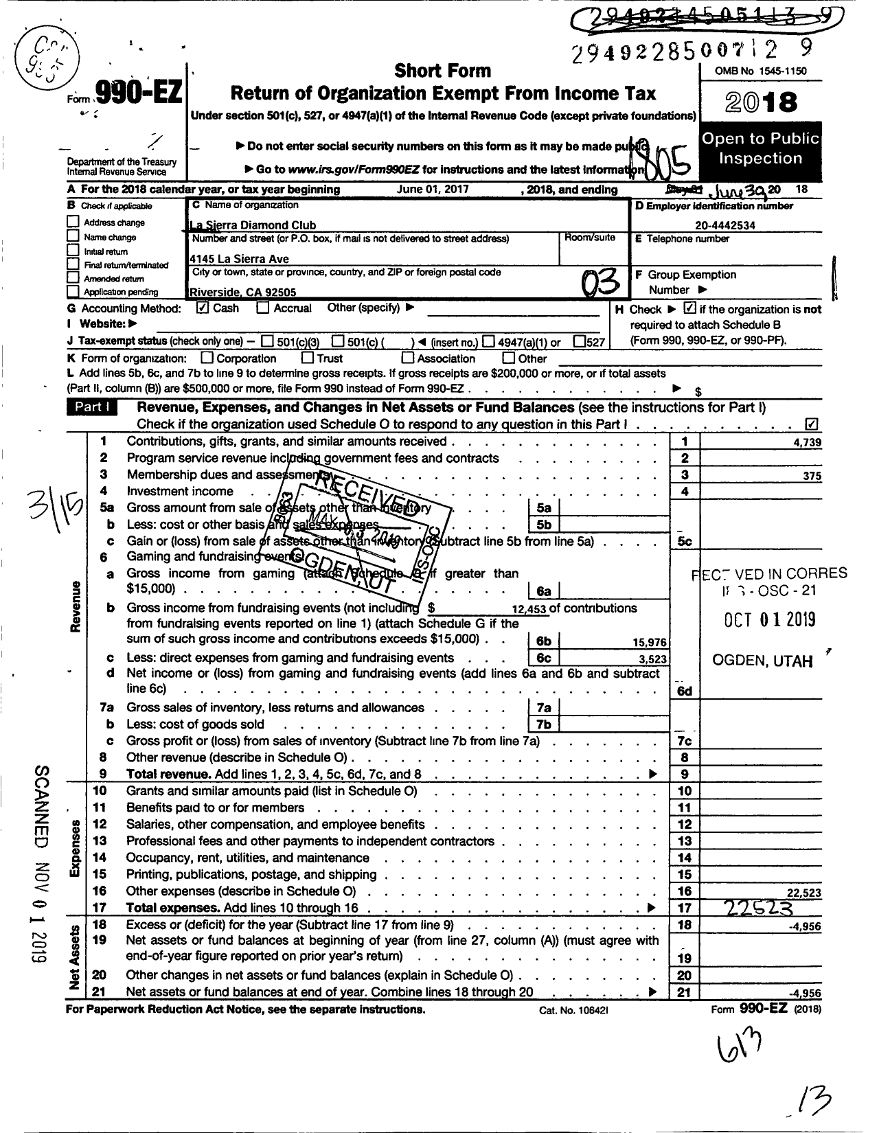 Image of first page of 2017 Form 990EZ for La Sierra Diamond Club