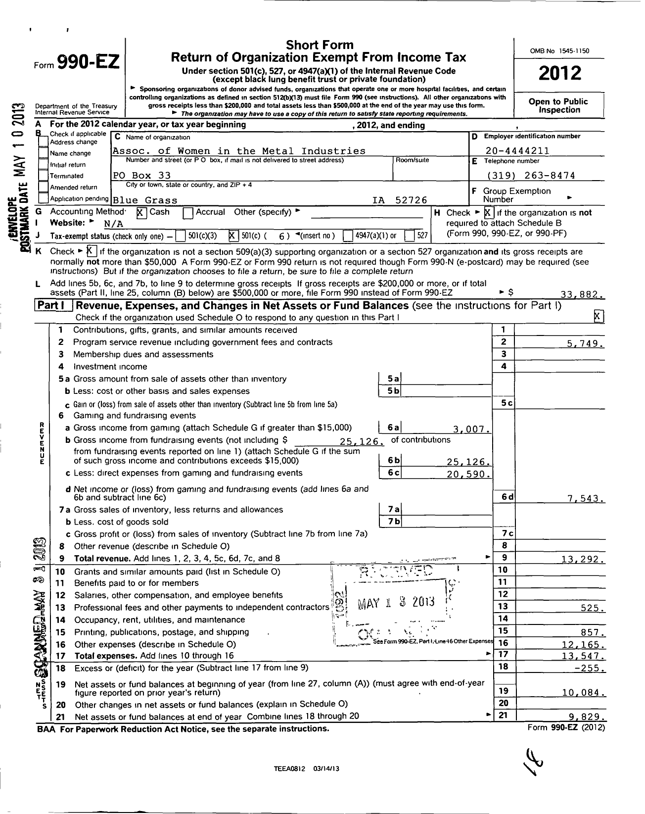 Image of first page of 2012 Form 990EO for Association of Women in the Metal Industries / Quad Cities Chapter