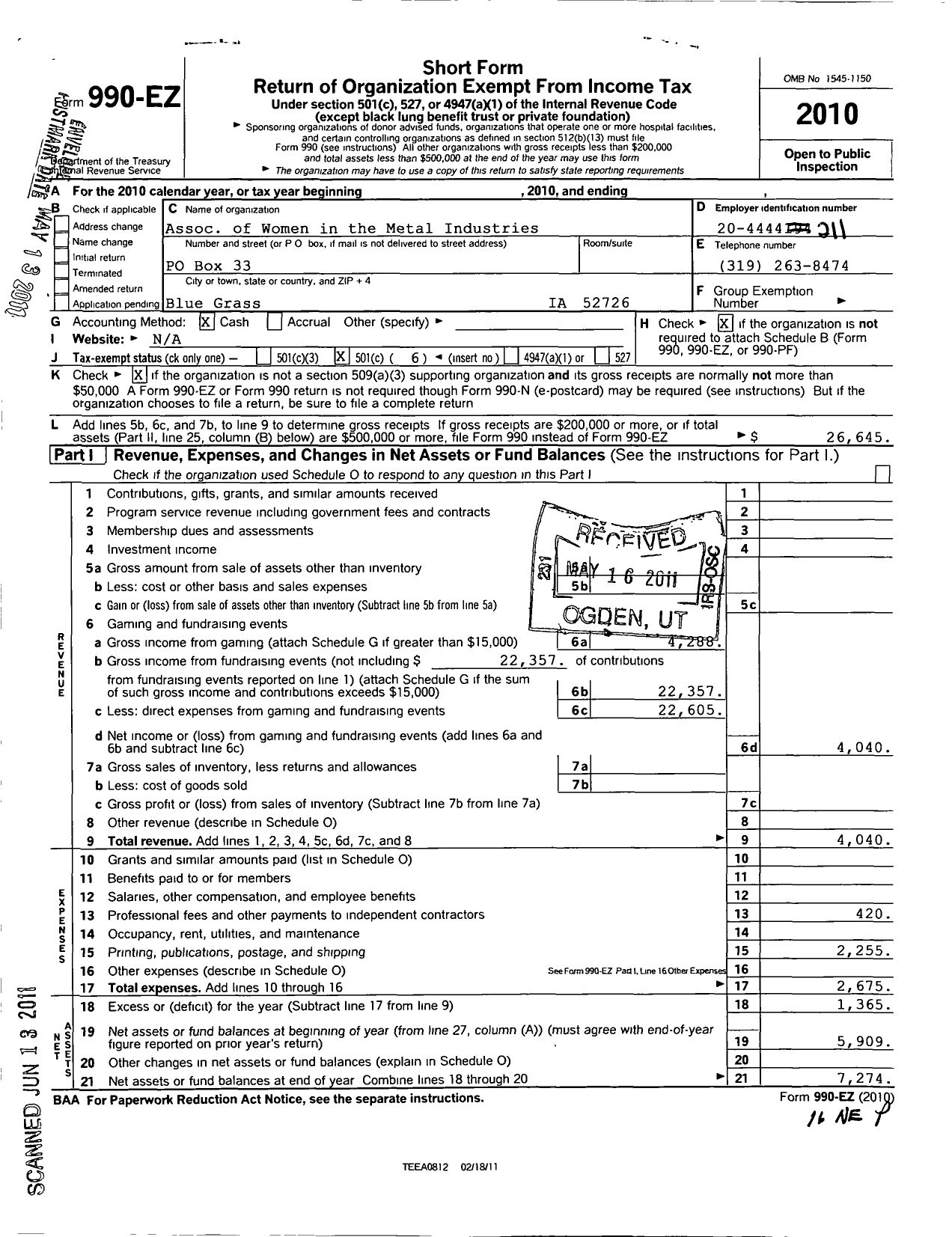 Image of first page of 2010 Form 990EO for Association of Women in the Metal Industries / Quad Cities Chapter