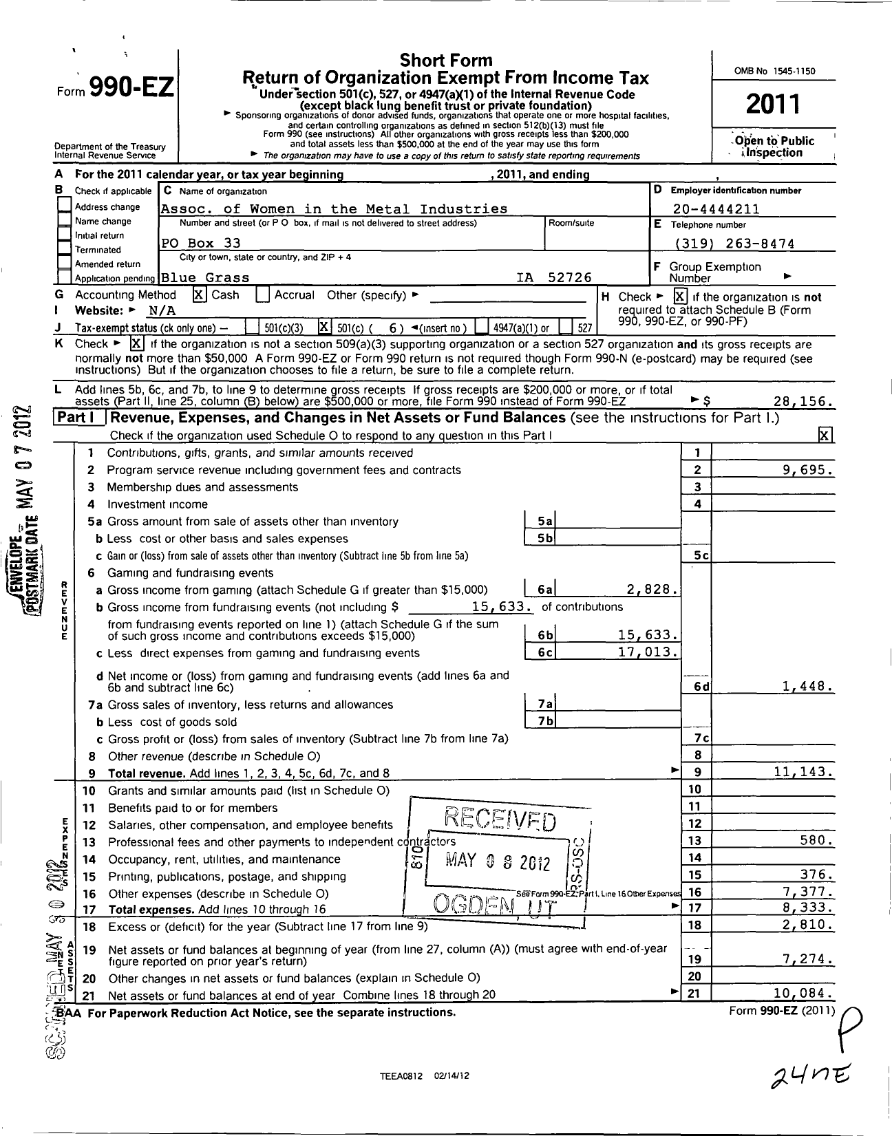 Image of first page of 2011 Form 990EO for Association of Women in the Metal Industries / Quad Cities Chapter