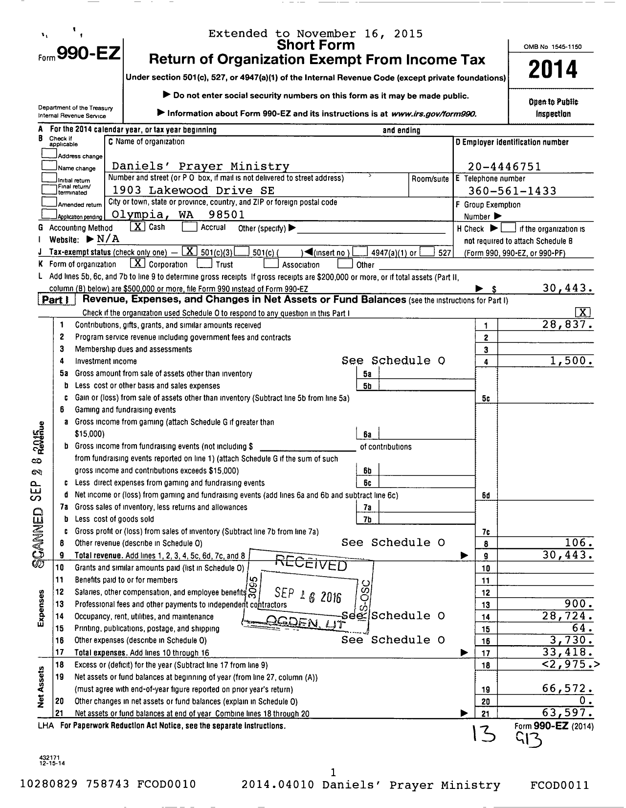 Image of first page of 2014 Form 990EZ for Daniels Prayer Ministry