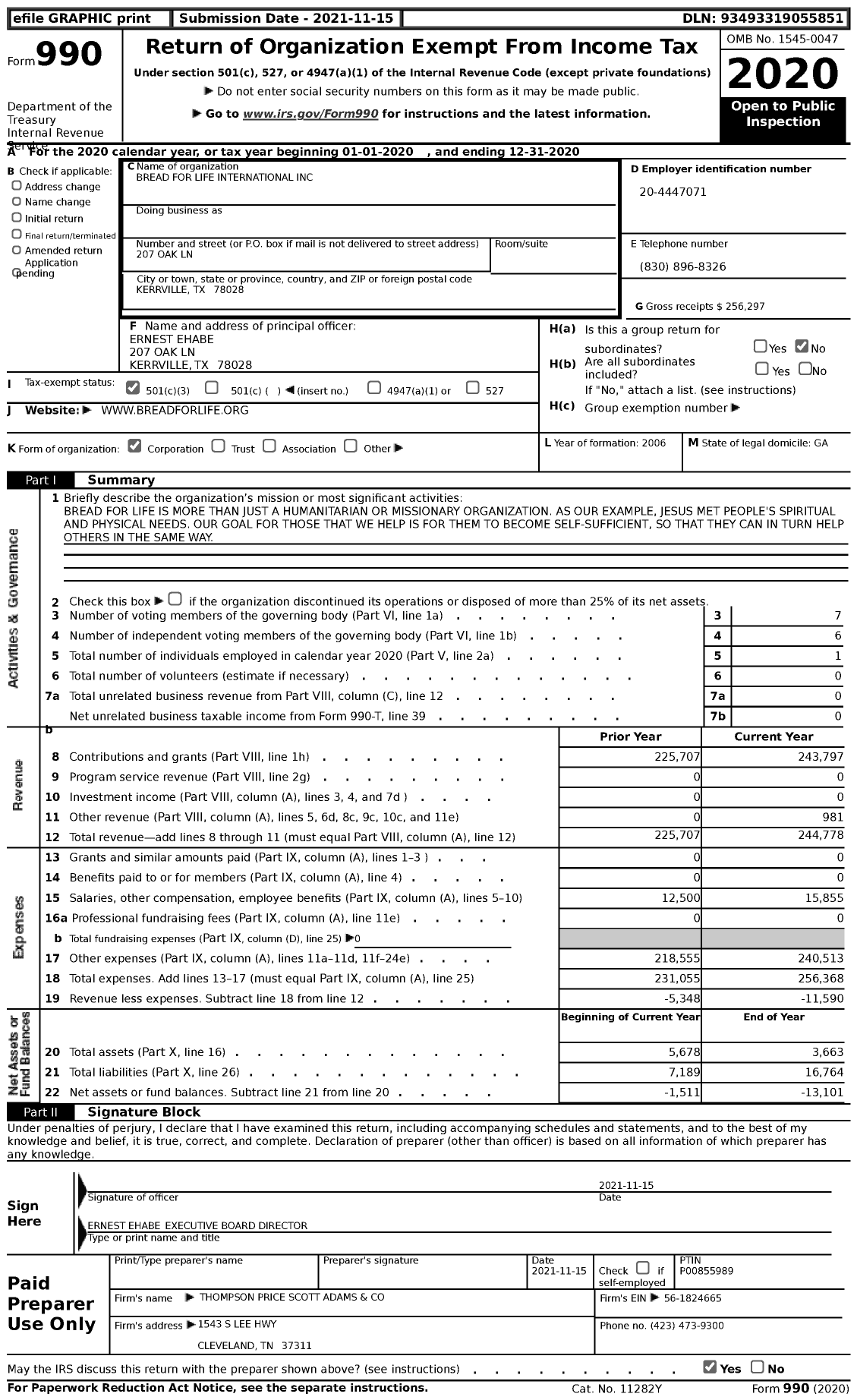 Image of first page of 2020 Form 990 for Bread for Life International