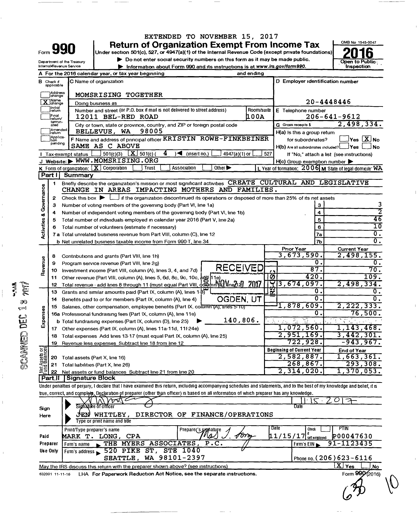 Image of first page of 2016 Form 990O for MomsRising Together