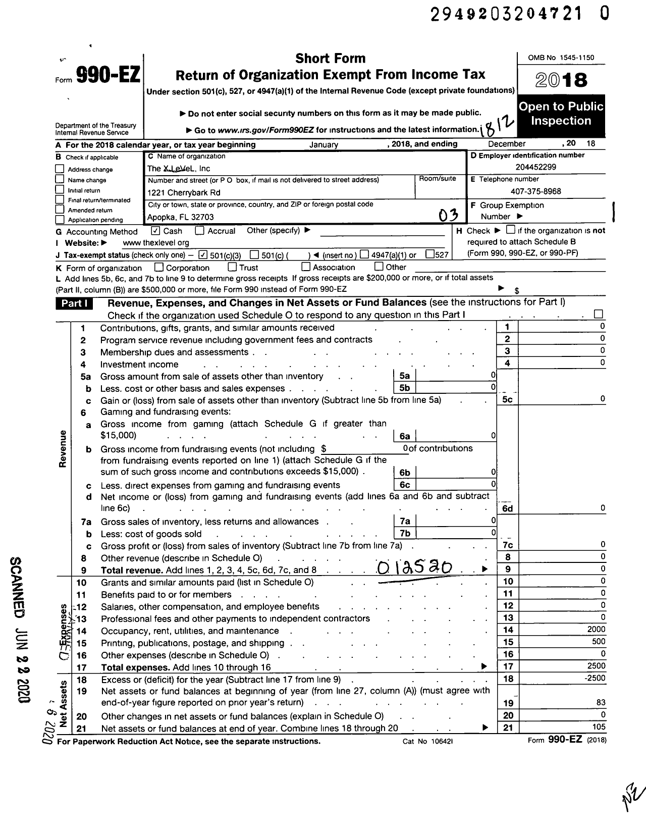 Image of first page of 2018 Form 990EZ for X Level