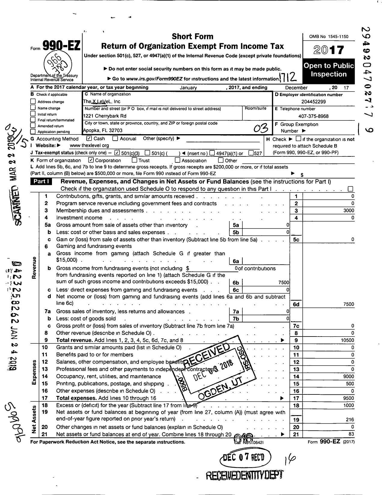 Image of first page of 2017 Form 990EZ for X Level