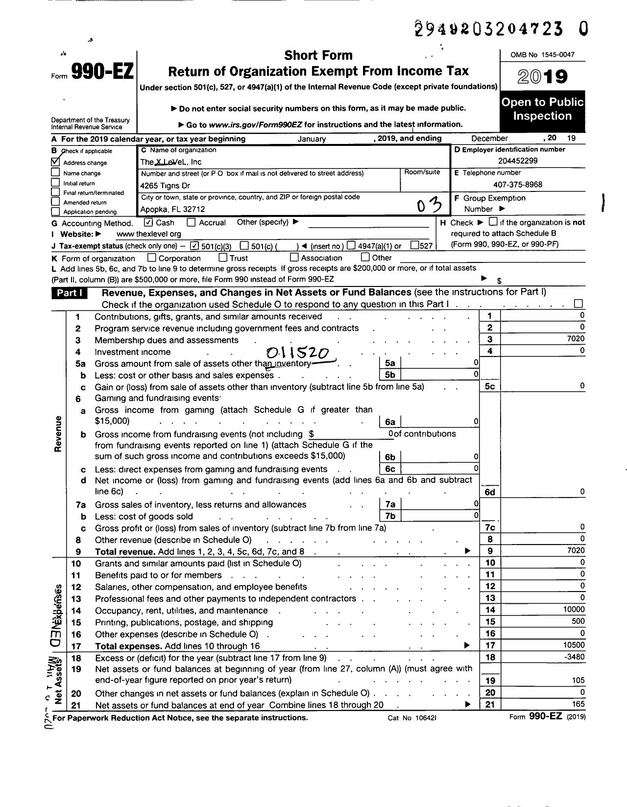 Image of first page of 2019 Form 990EZ for X Level