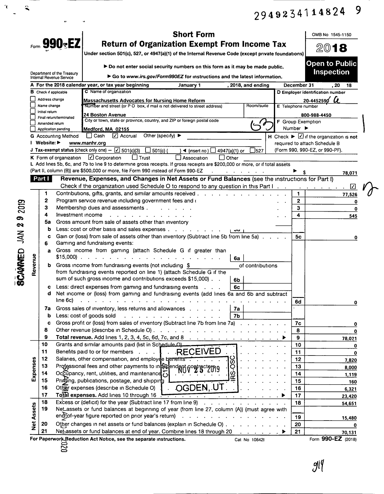 Image of first page of 2018 Form 990EZ for Dignity Alliance Massachusetts