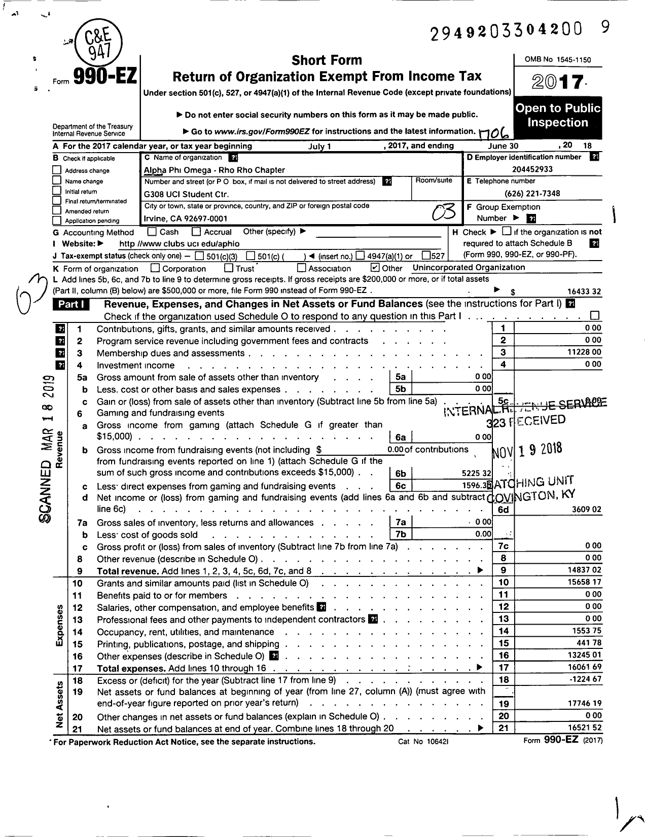 Image of first page of 2016 Form 990EZ for Alpha Phi Omega / Rho Rho Chapter