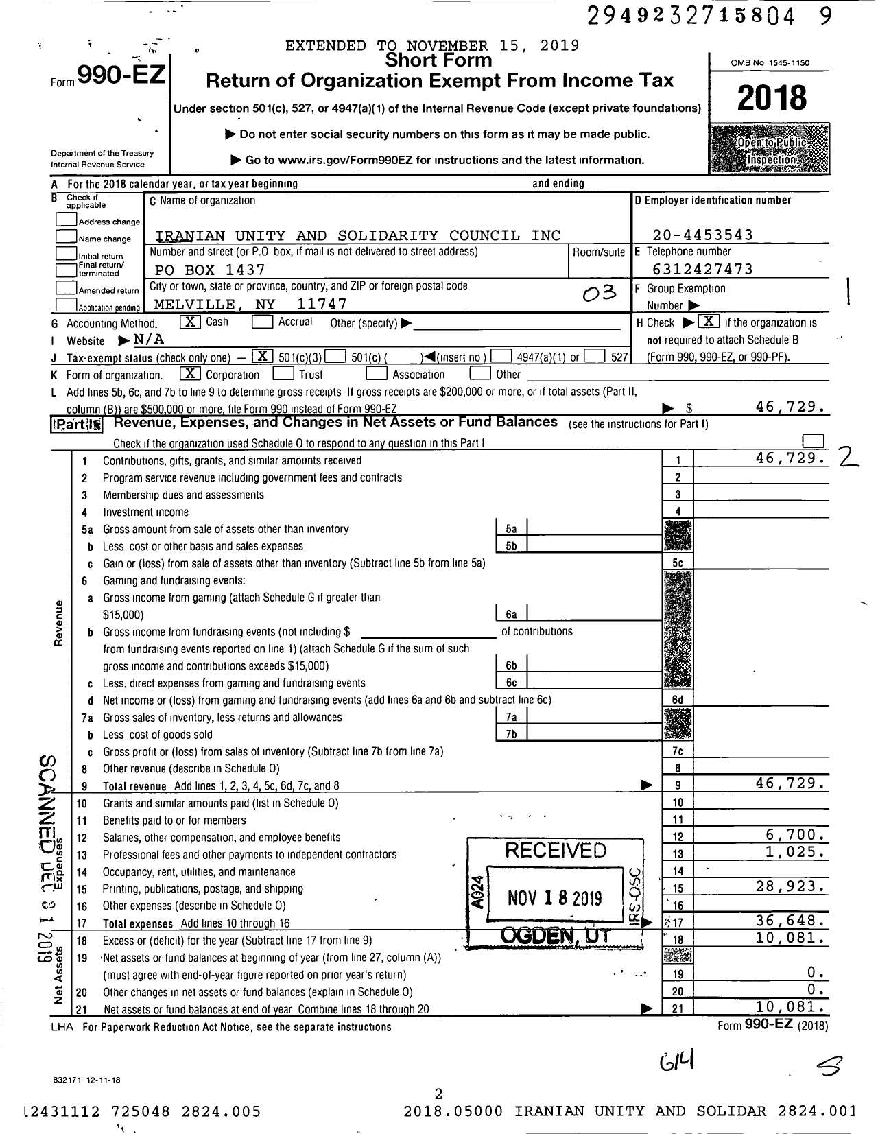 Image of first page of 2018 Form 990EZ for Iranian Unity and Solidarity Council