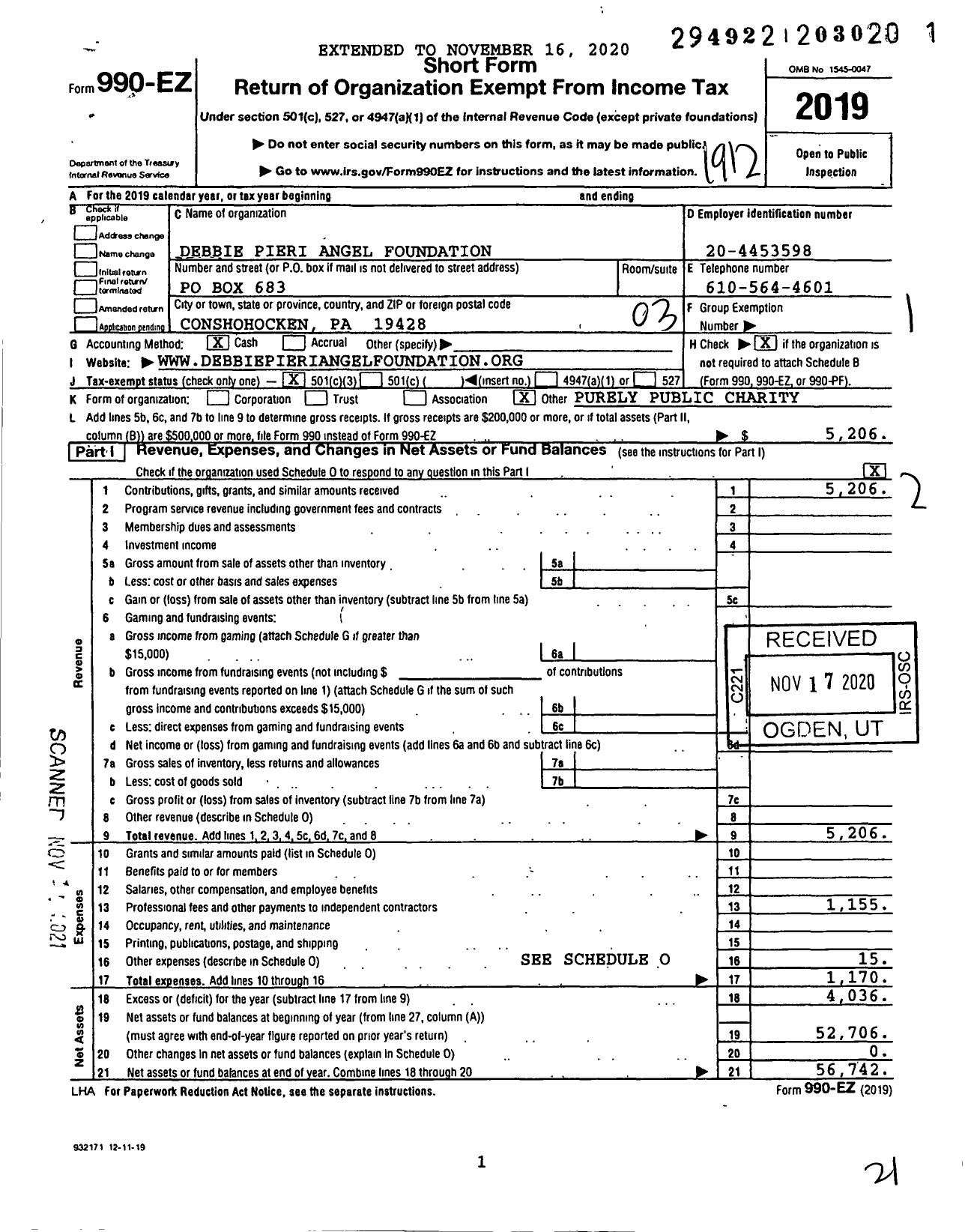 Image of first page of 2019 Form 990EZ for Debbie Pieri Angel Foundation