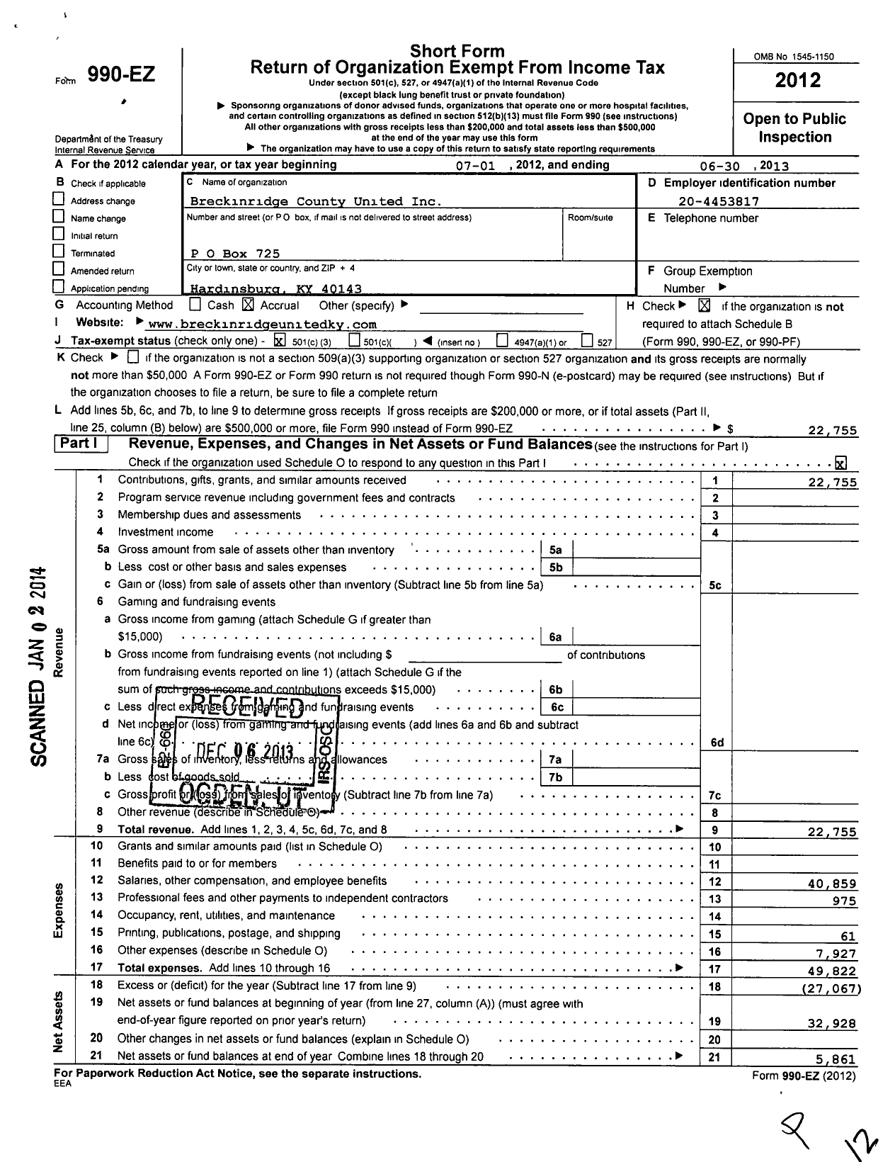 Image of first page of 2012 Form 990EZ for Breckinridge County United