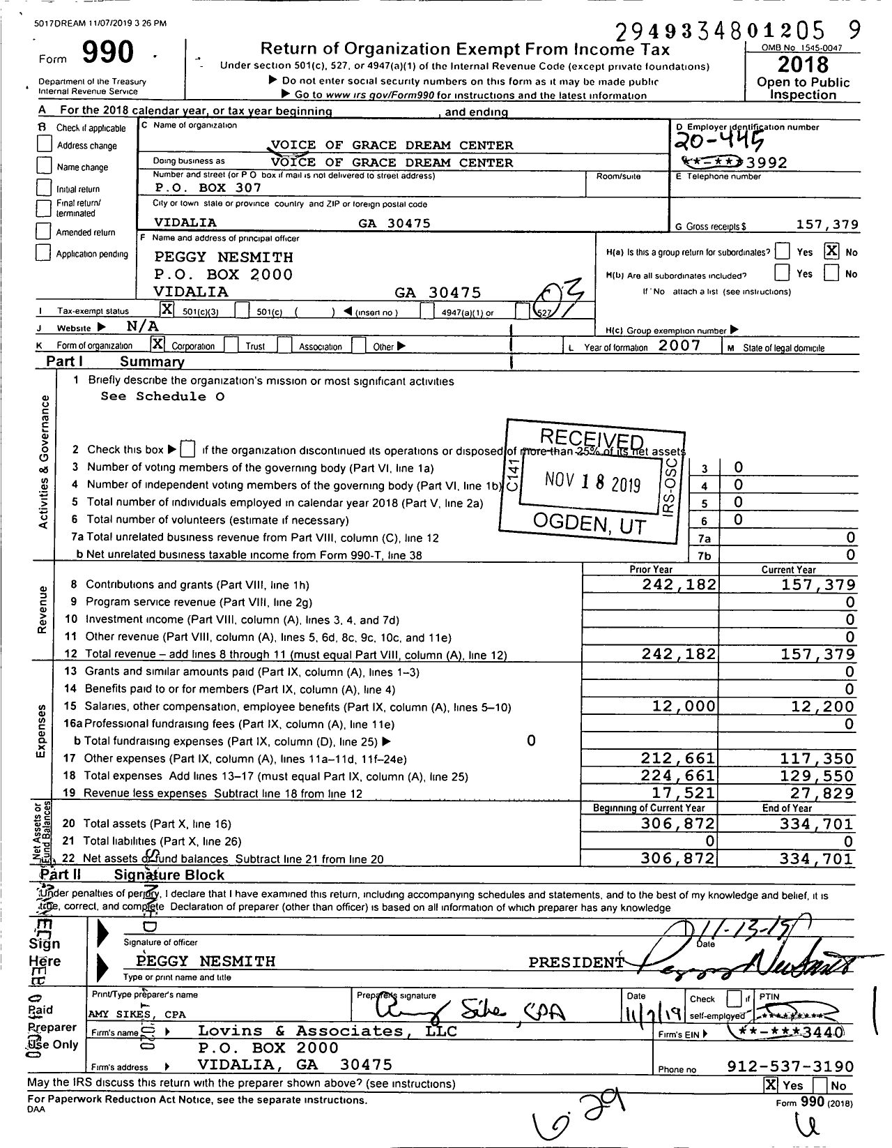 Image of first page of 2018 Form 990 for Voice of Grace Dream Center