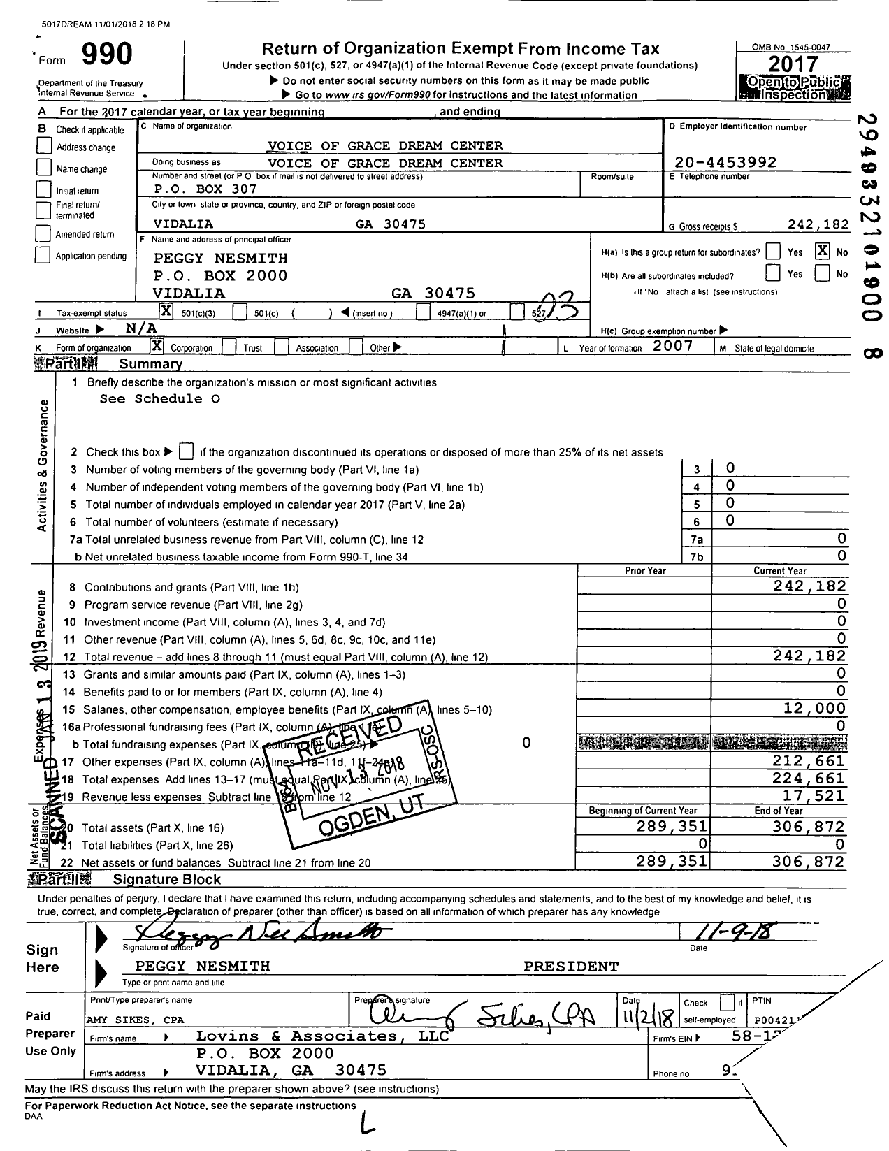 Image of first page of 2017 Form 990 for Voice of Grace Dream Center