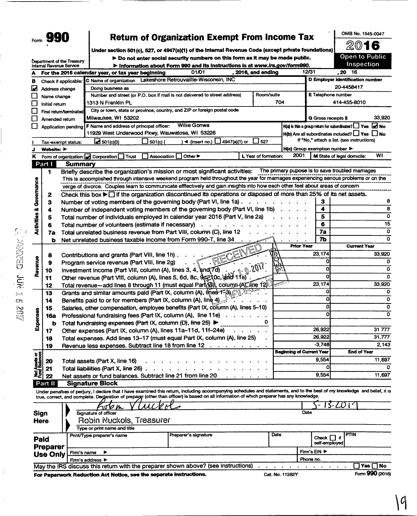 Image of first page of 2016 Form 990 for Lakeshore Retrouvaille - Wisconsin