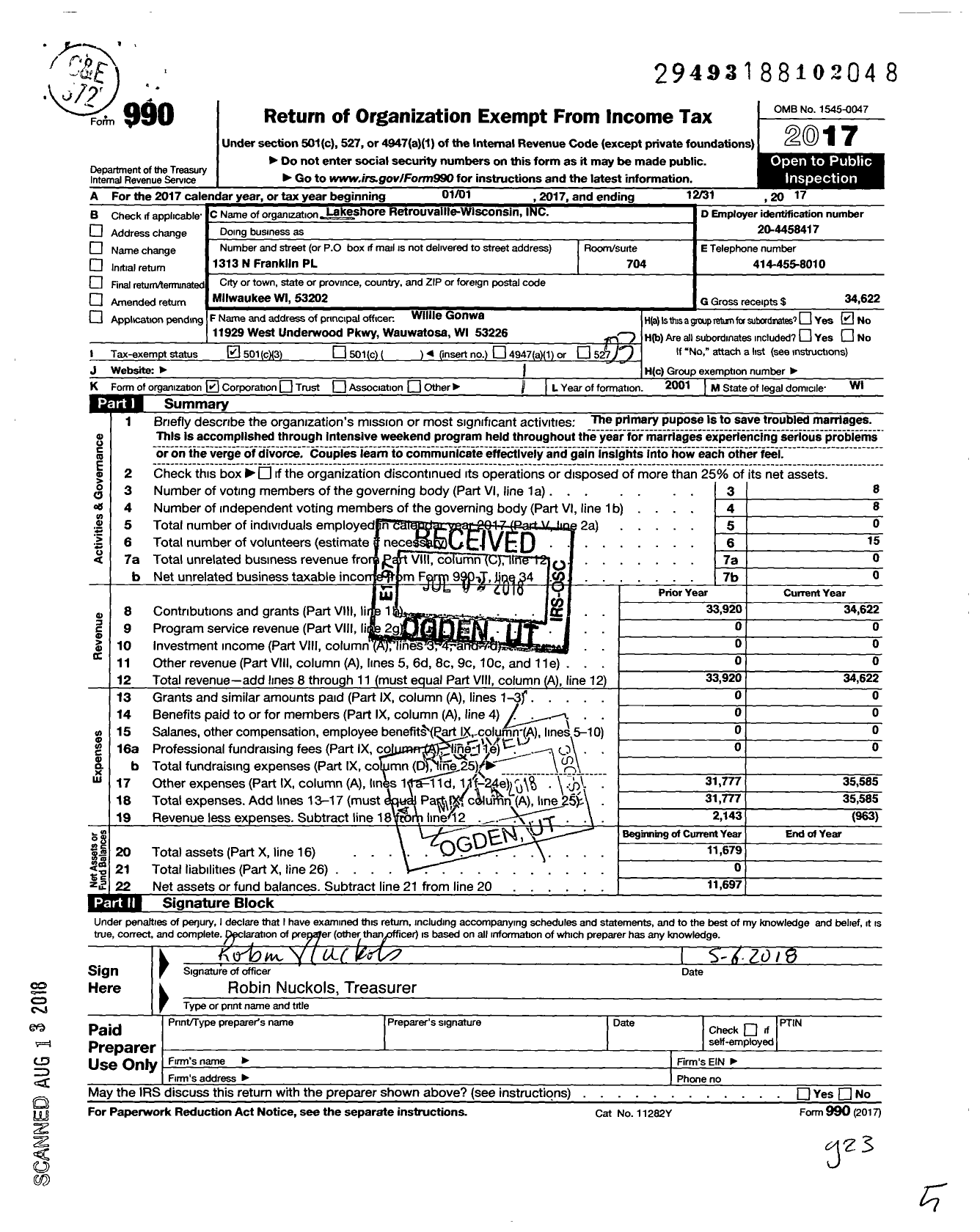 Image of first page of 2017 Form 990 for Lakeshore Retrouvaille - Wisconsin