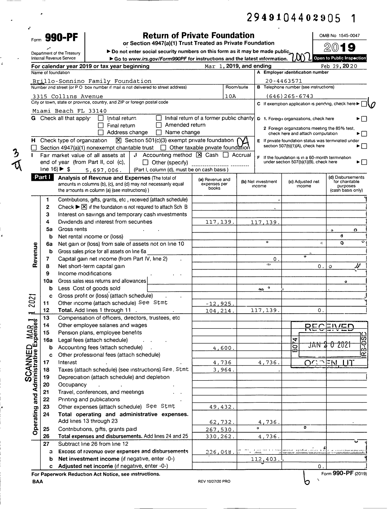 Image of first page of 2019 Form 990PF for Brillo-Sonnino Family Foundation