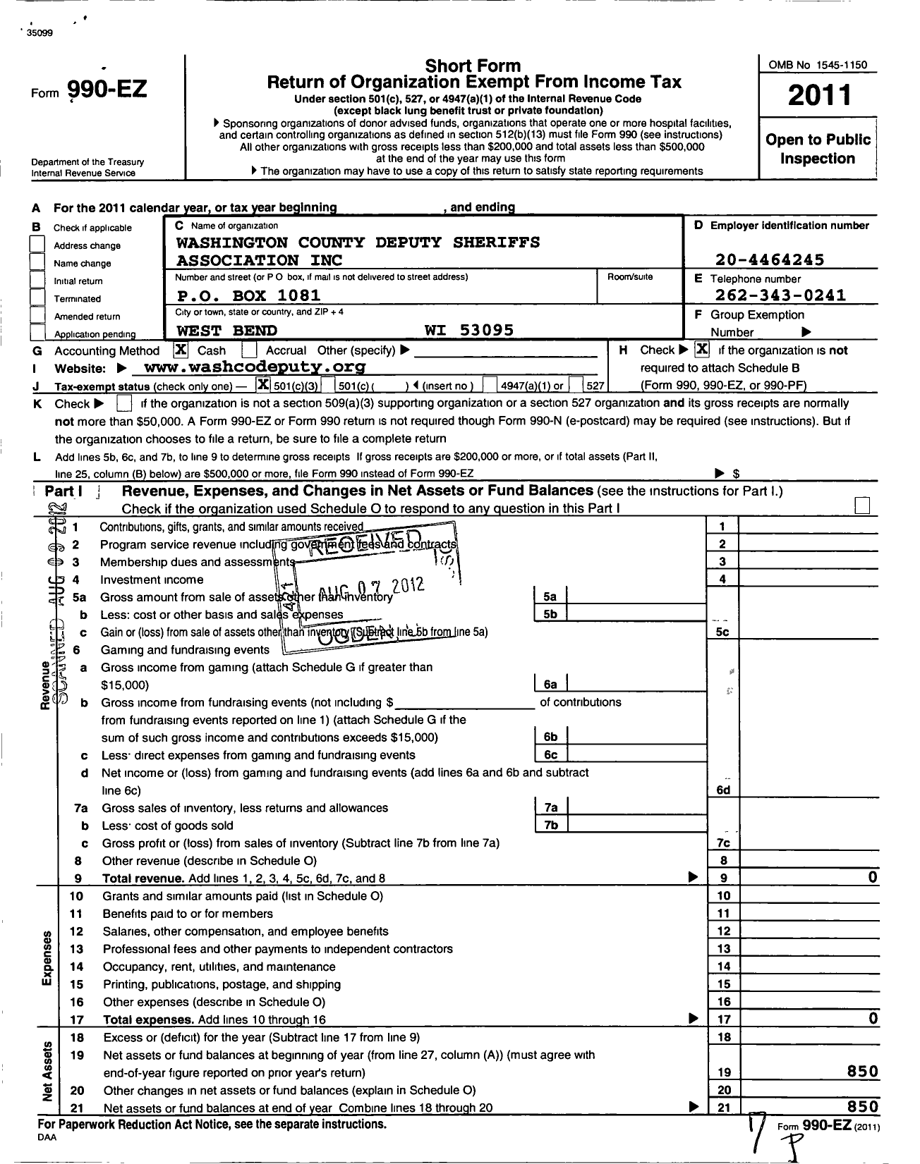 Image of first page of 2011 Form 990EZ for Washington County Deputy Sheriffs Association