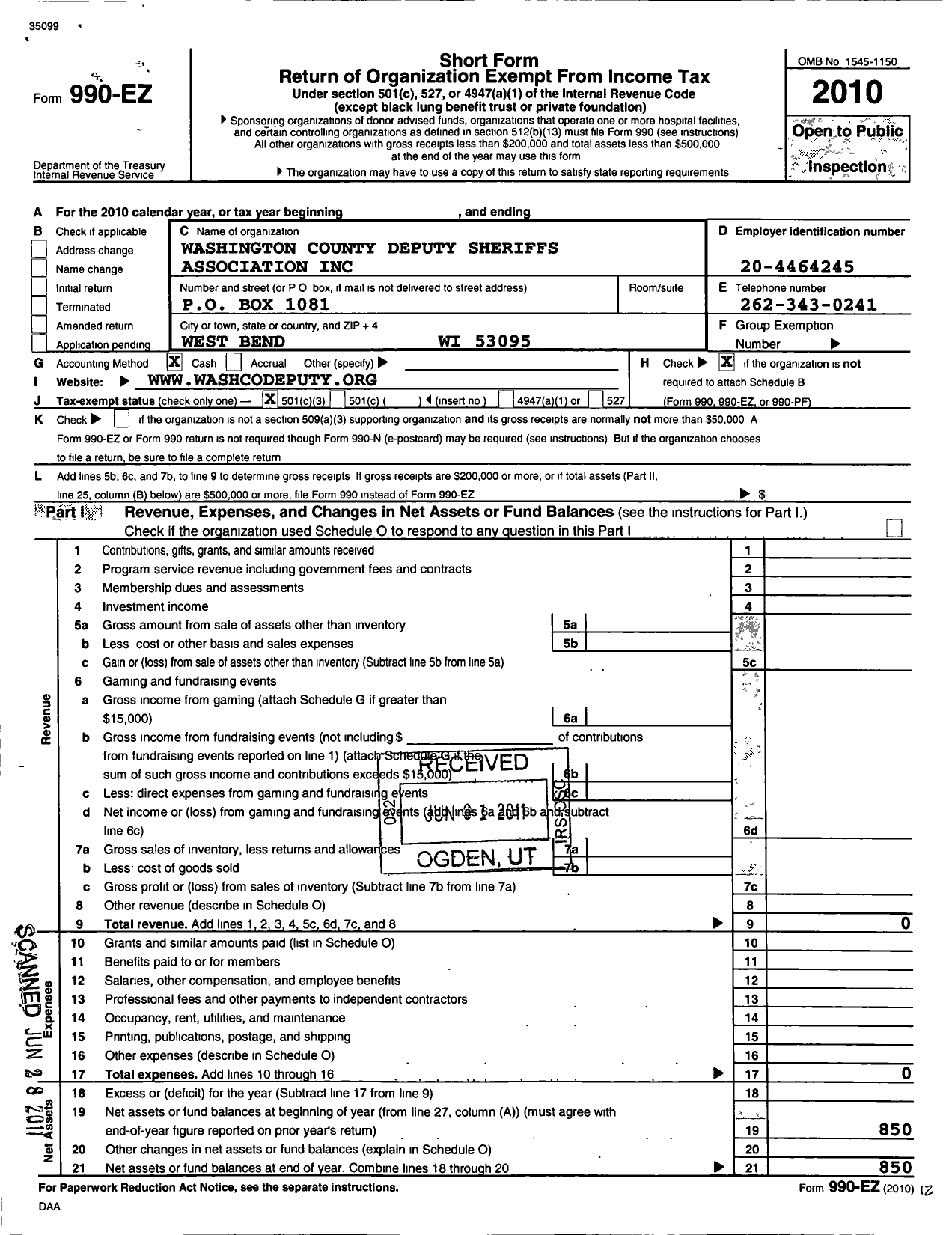 Image of first page of 2010 Form 990EZ for Washington County Deputy Sheriffs Association