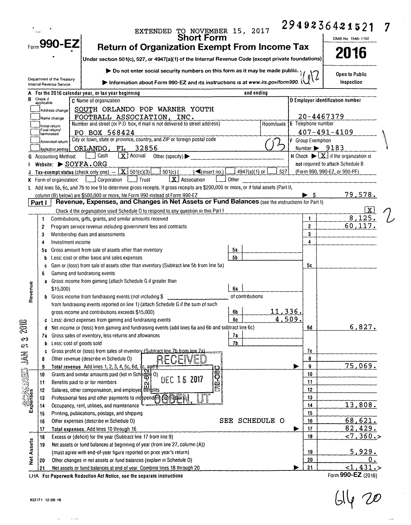 Image of first page of 2016 Form 990EZ for South Orlando Pop Warner Youth Football Association