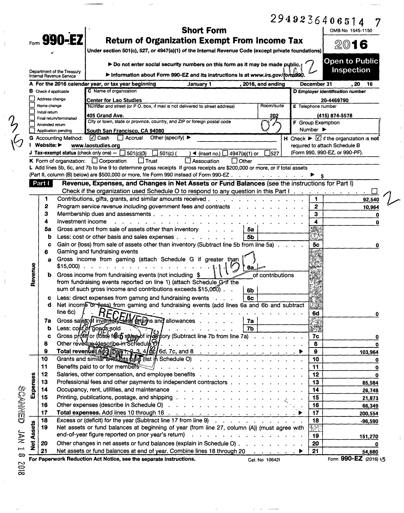 Image of first page of 2016 Form 990EZ for Center for Lao Studies