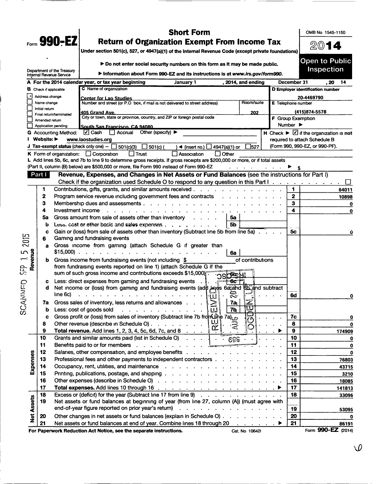 Image of first page of 2014 Form 990EO for Center for Lao Studies