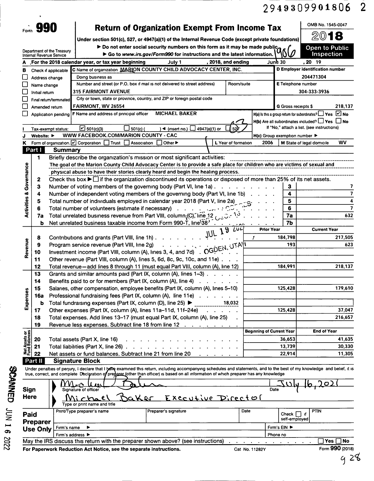 Image of first page of 2018 Form 990 for Marion County Child Advocacy Center