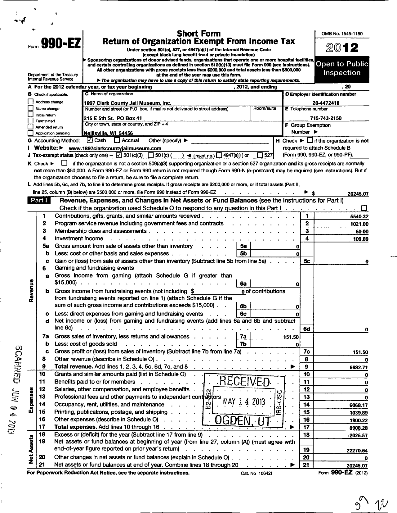 Image of first page of 2012 Form 990EZ for 1897 Clark County Jail Museum