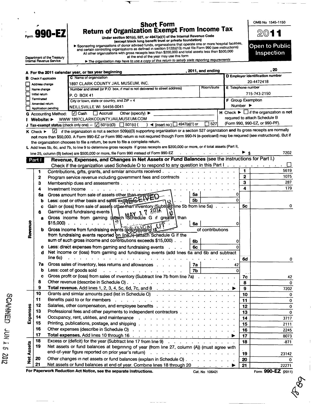 Image of first page of 2011 Form 990EZ for 1897 Clark County Jail Museum