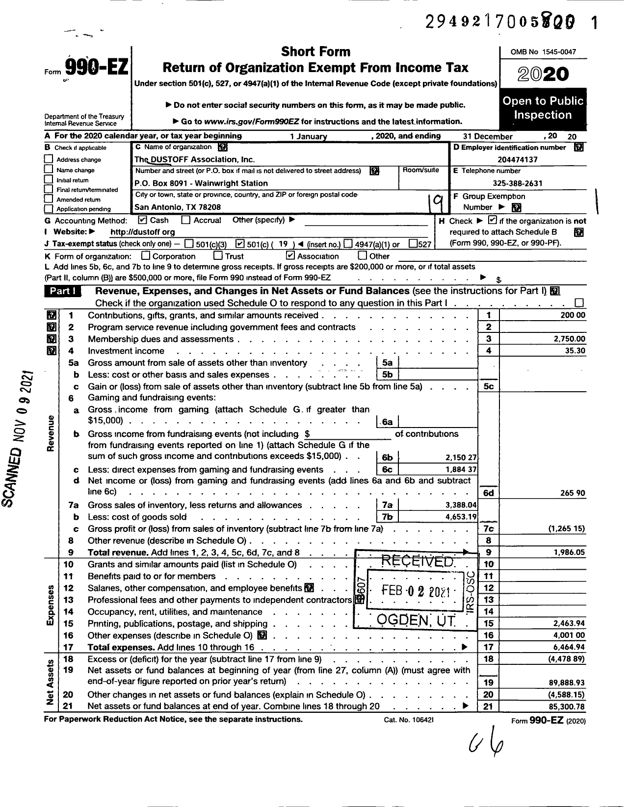 Image of first page of 2020 Form 990EO for Dustoff Association Incorporated