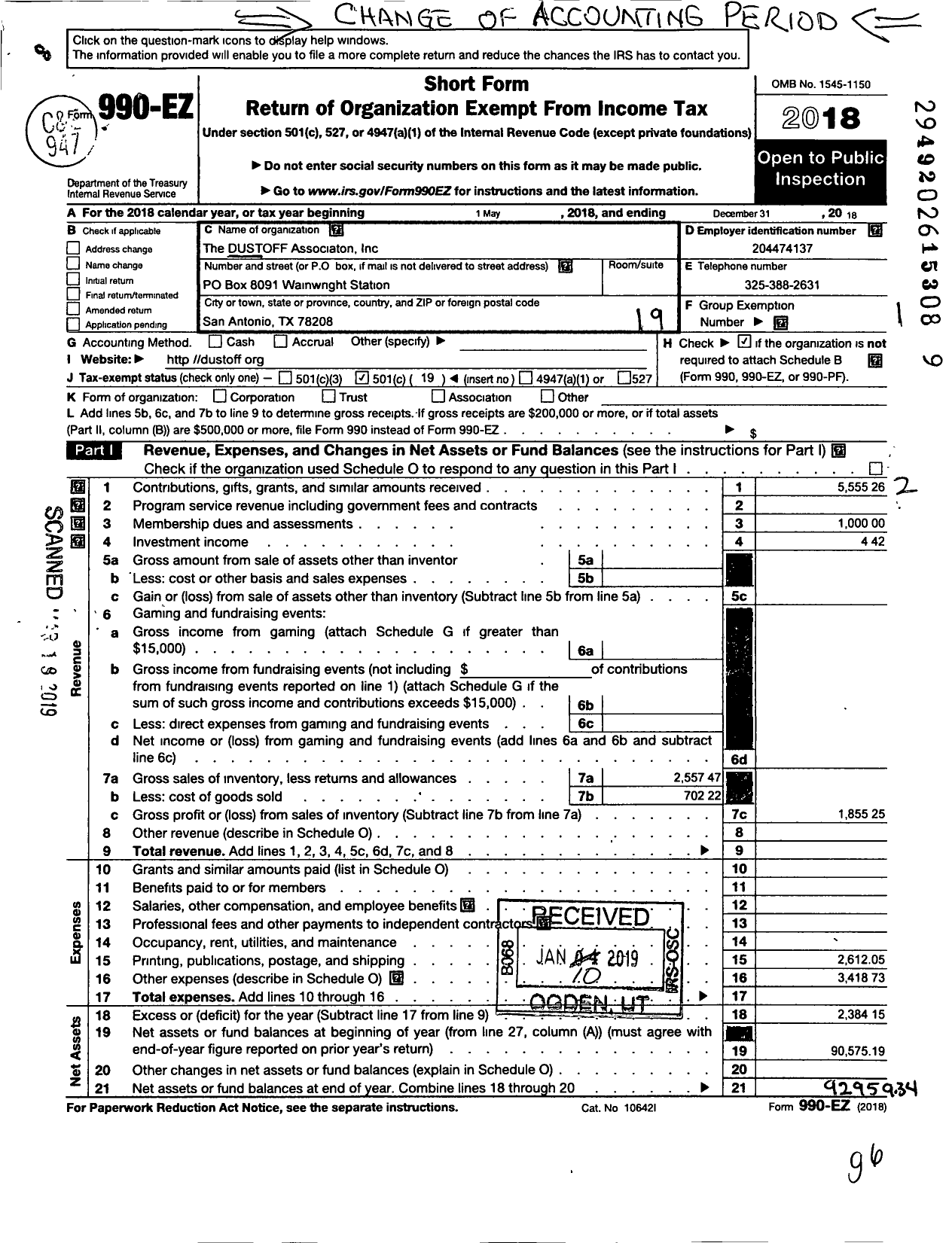 Image of first page of 2018 Form 990EO for Dustoff Association Incorporated