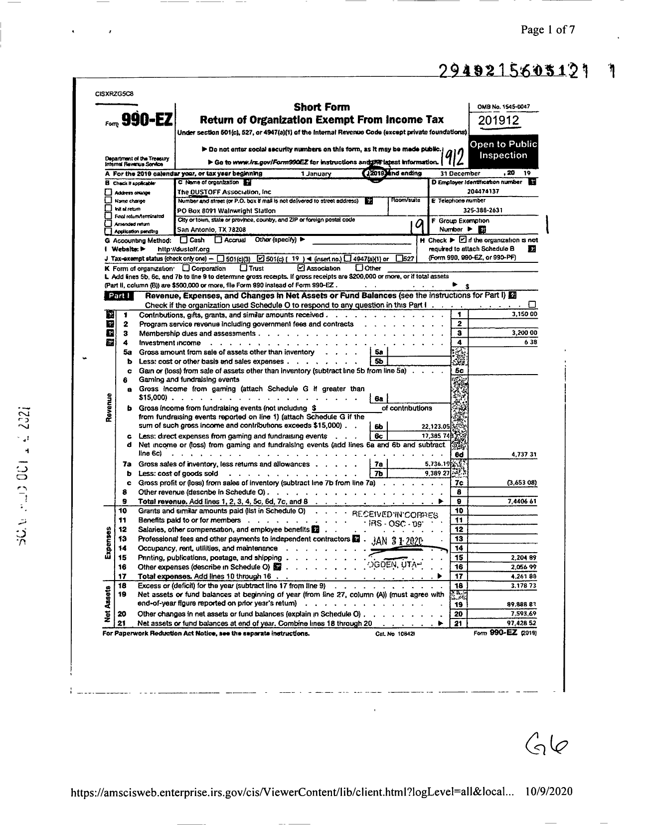 Image of first page of 2019 Form 990EO for Dustoff Association Incorporated