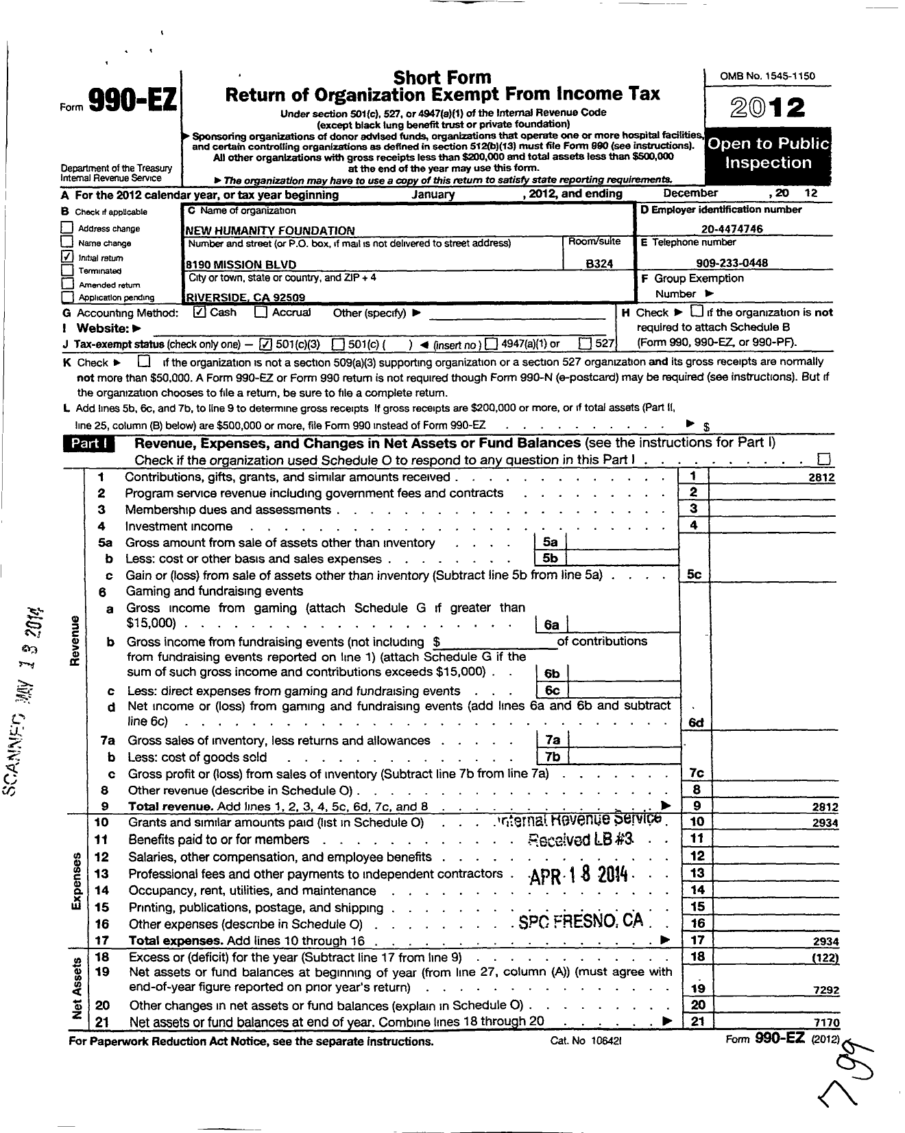 Image of first page of 2012 Form 990EZ for New Humanity Foundation