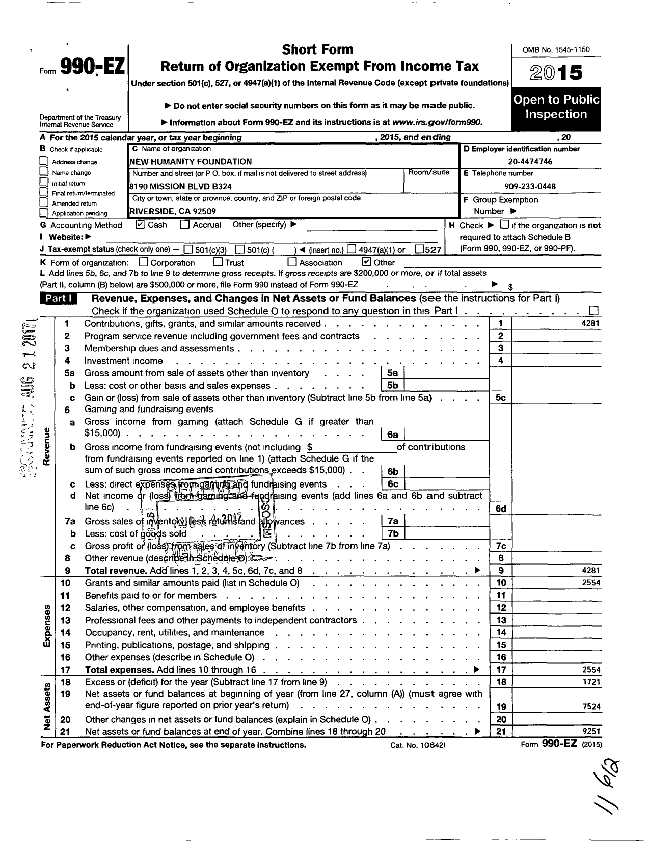 Image of first page of 2015 Form 990EO for New Humanity Foundation