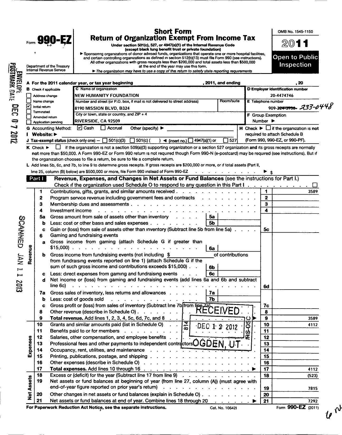 Image of first page of 2011 Form 990EO for New Humanity Foundation