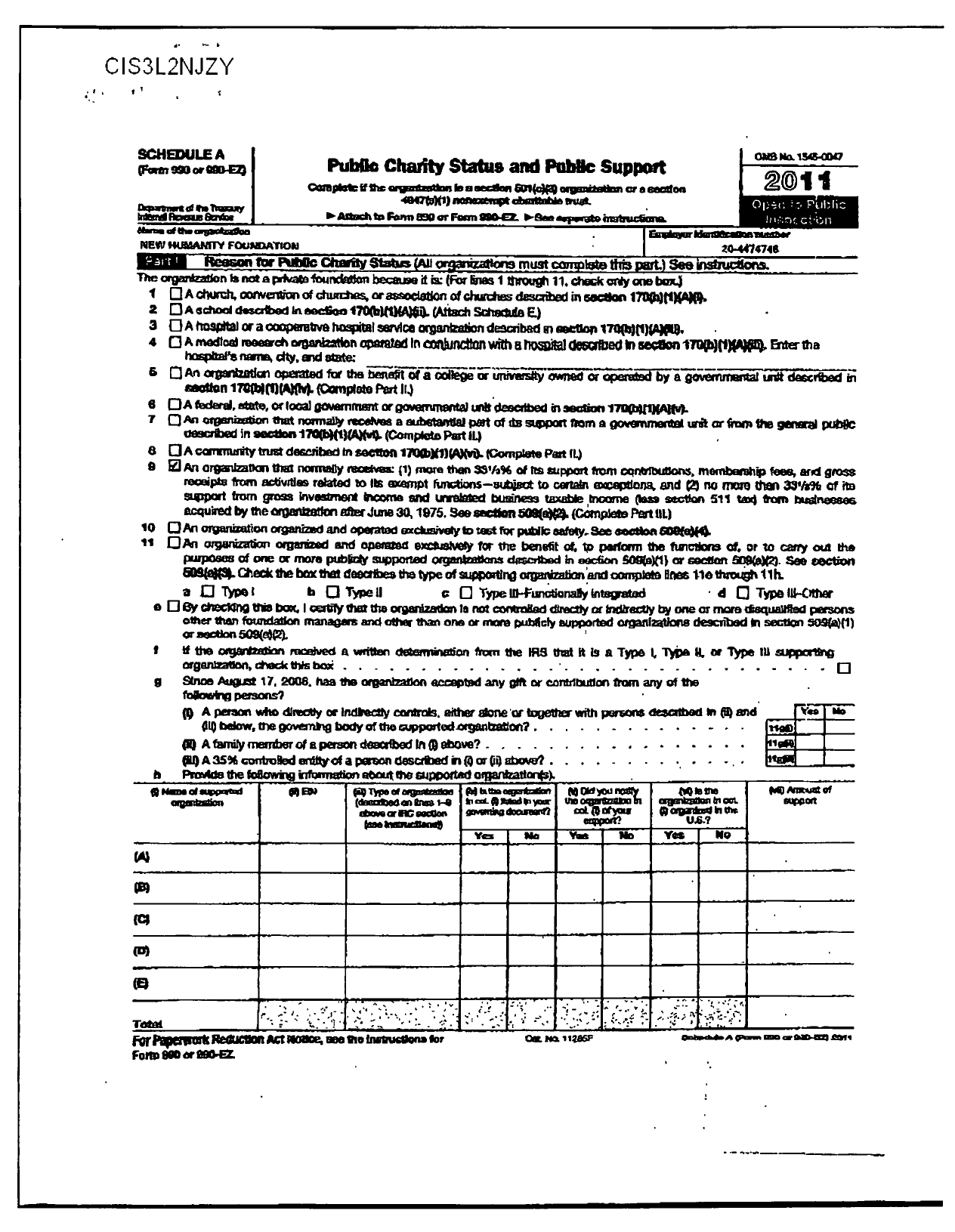 Image of first page of 2011 Form 990ER for New Humanity Foundation