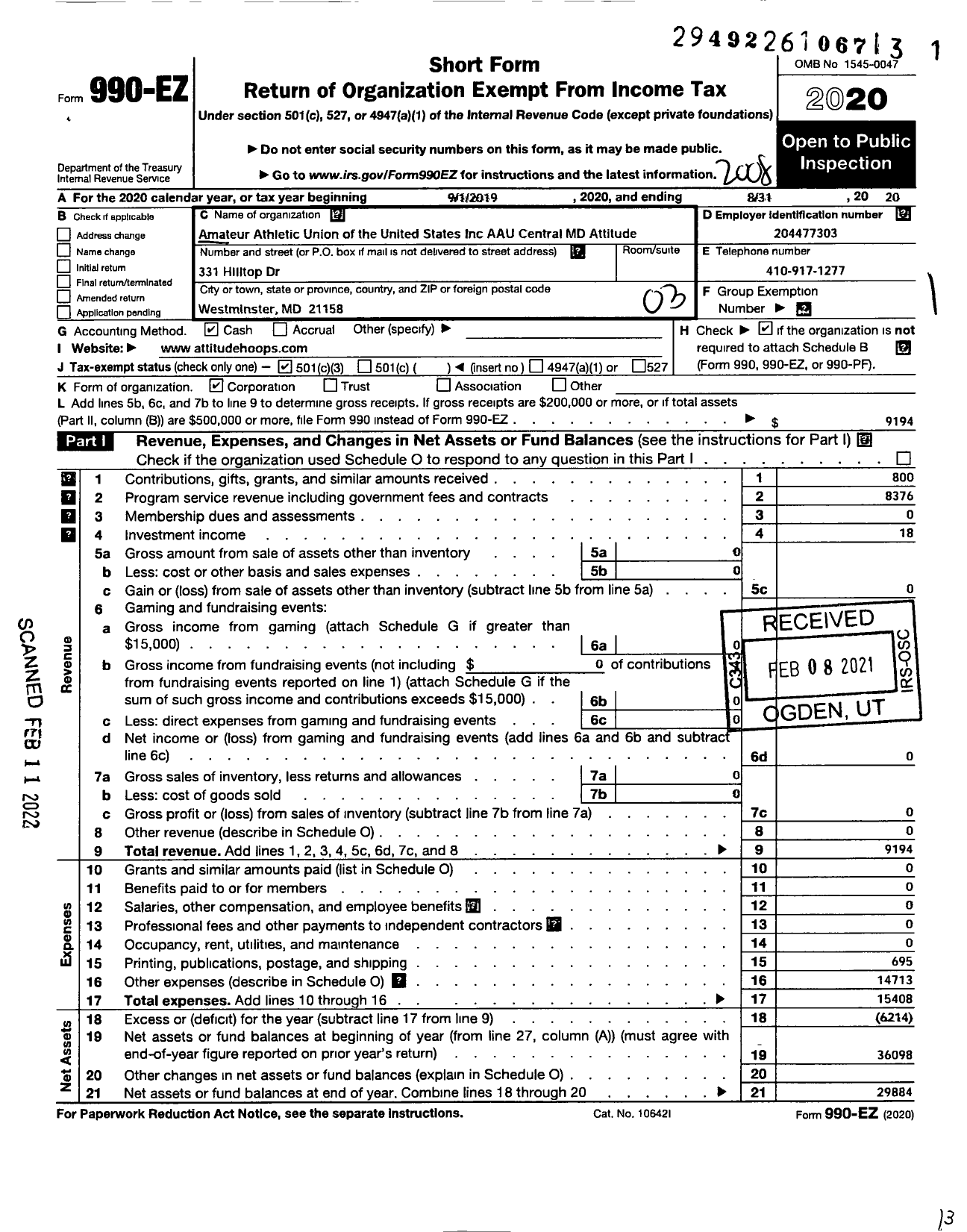 Image of first page of 2019 Form 990EZ for Amateur Athletic Union - Central Maryland Attitude