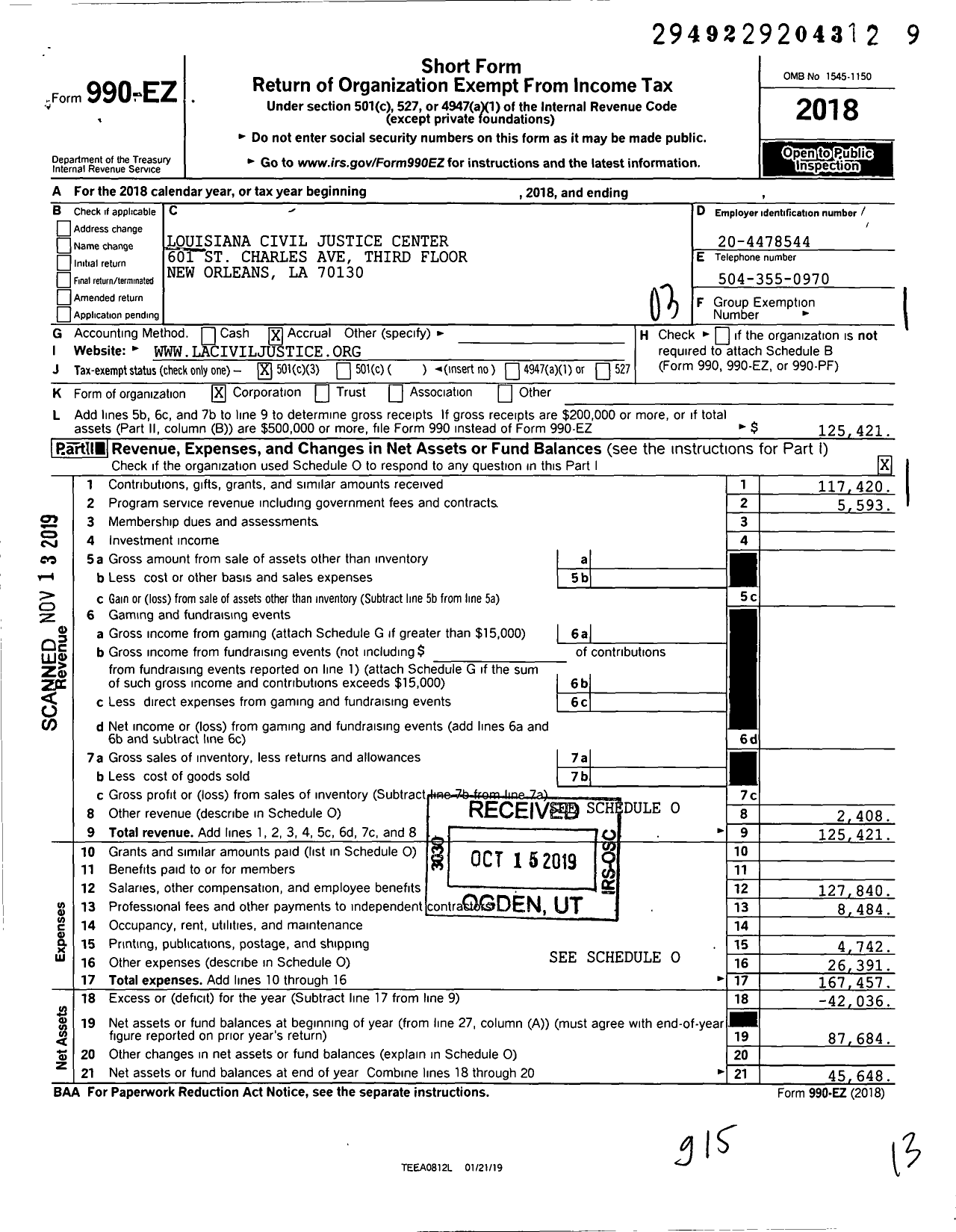 Image of first page of 2018 Form 990EZ for Louisiana Civil Justice Center