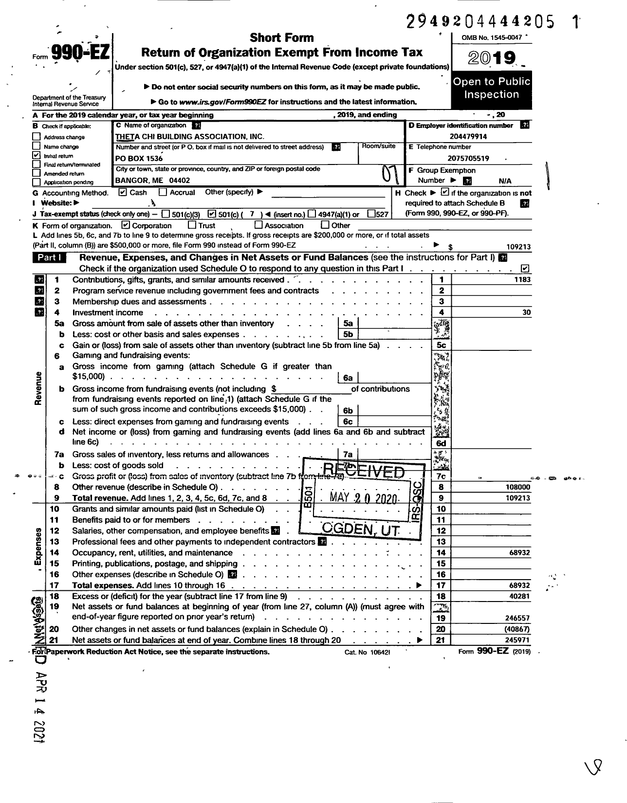 Image of first page of 2019 Form 990EO for Theta Chi Building Association