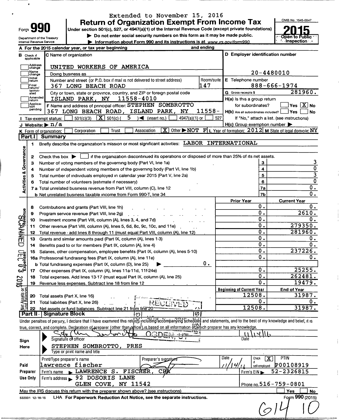 Image of first page of 2015 Form 990O for United Workers of America