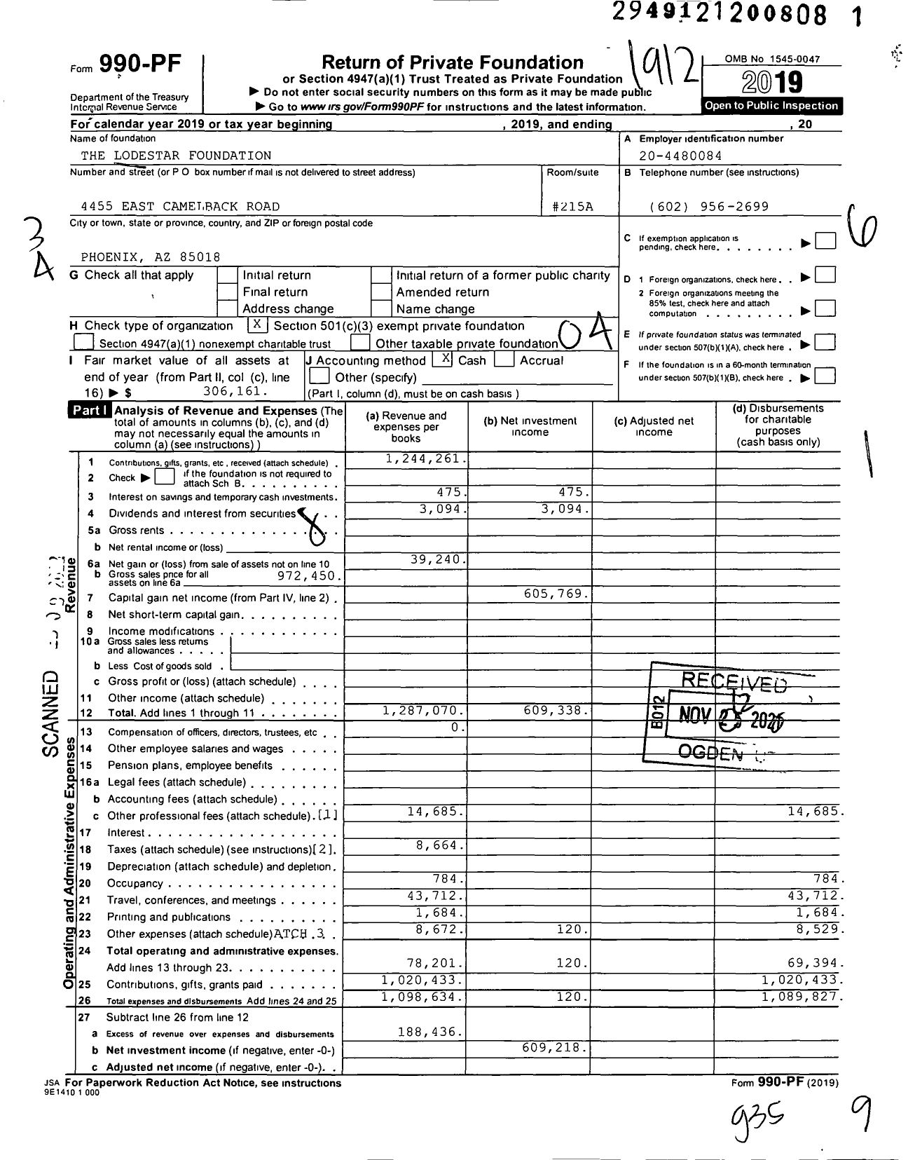 Image of first page of 2019 Form 990PF for The Lodestar Foundation