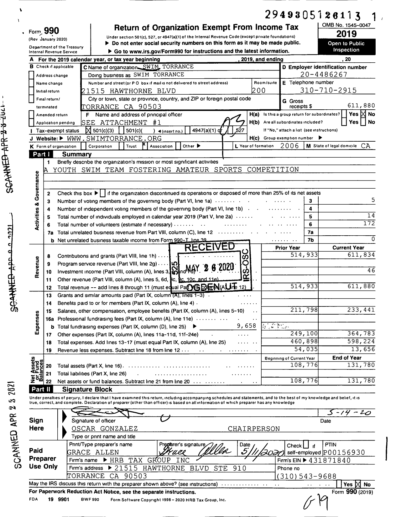 Image of first page of 2019 Form 990 for Swim Torrance