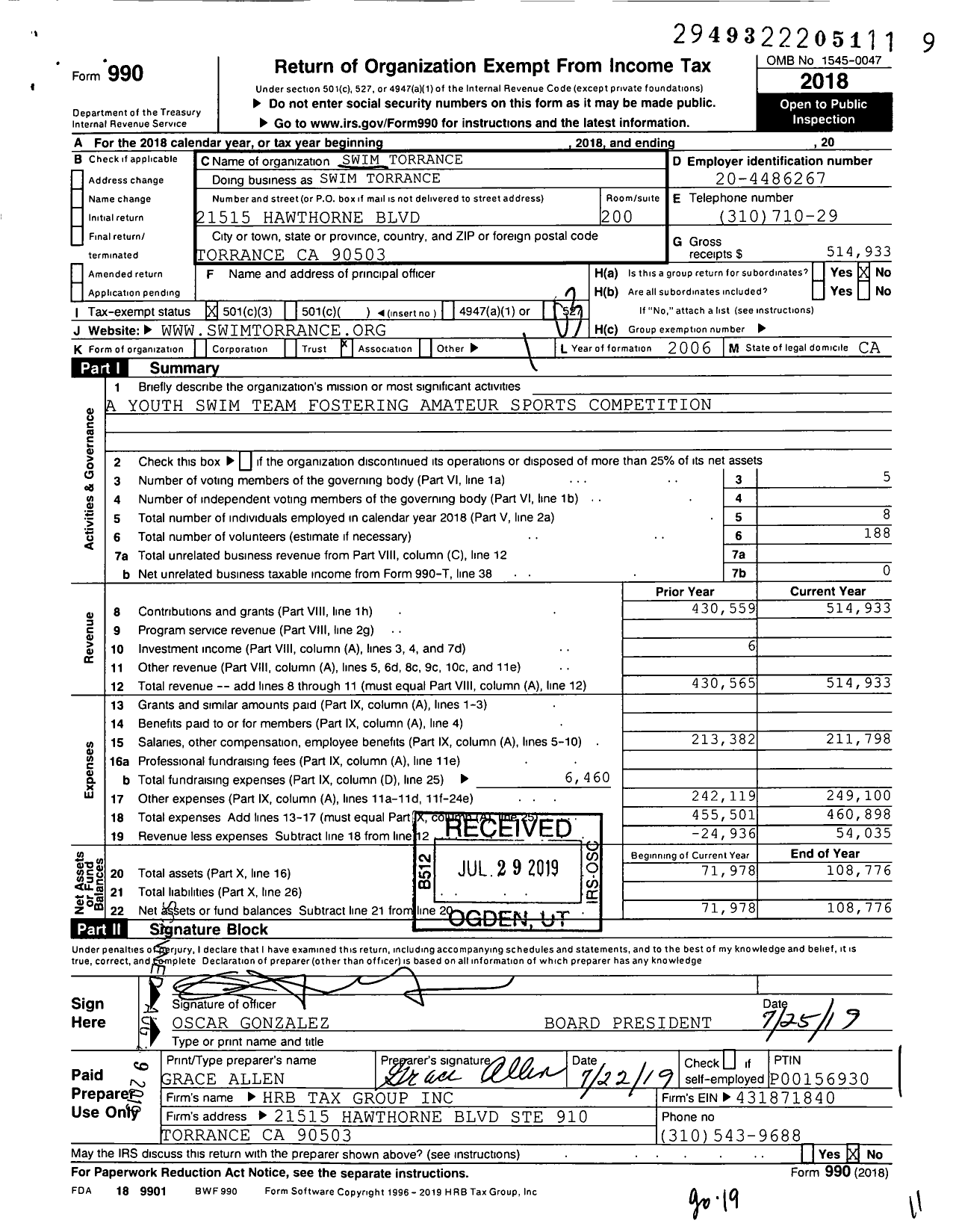 Image of first page of 2018 Form 990 for Swim Torrance