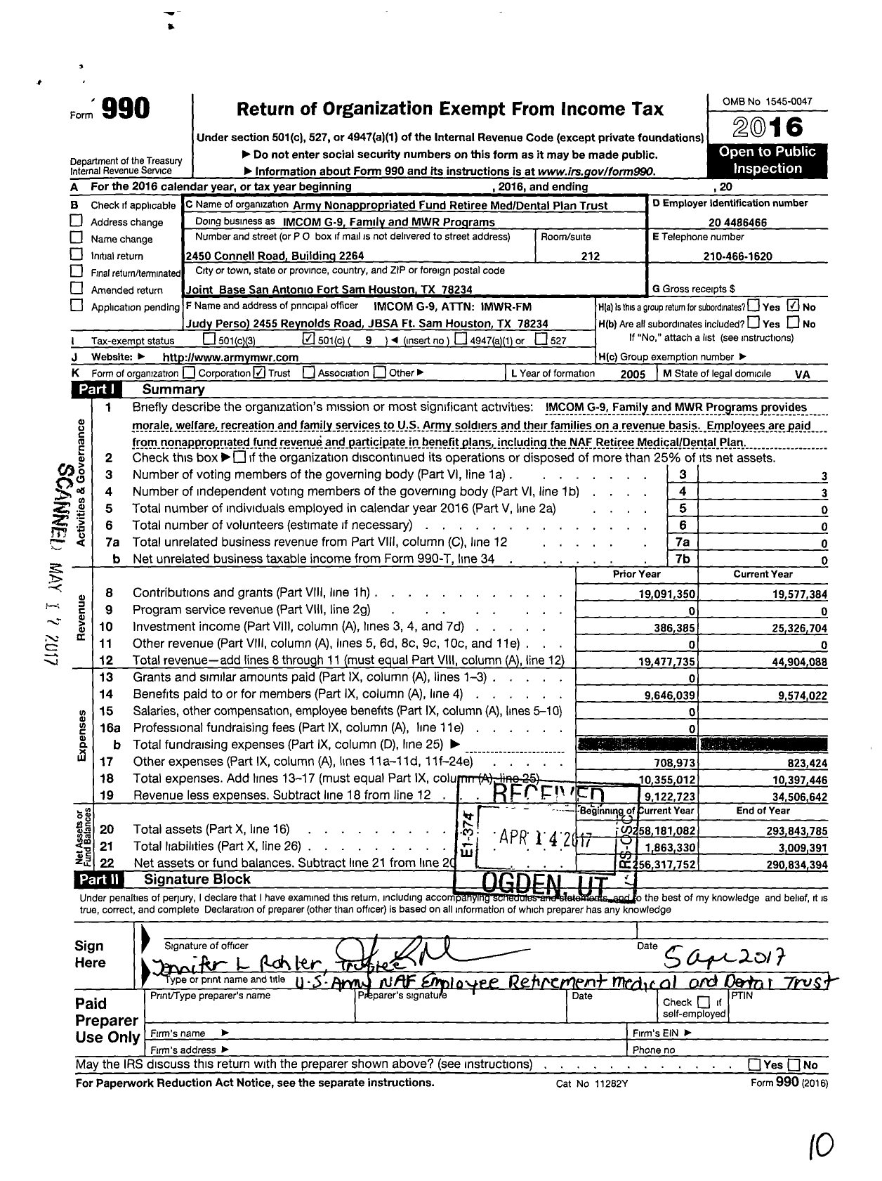Image of first page of 2016 Form 990O for Army Nonappropriated Fund Retiree Med Dental Plan Trust