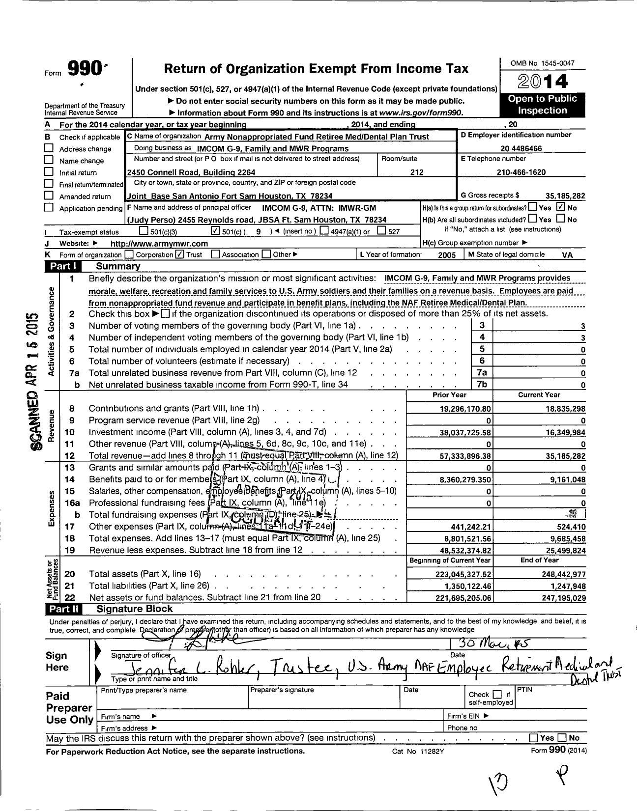 Image of first page of 2014 Form 990O for Army Nonappropriated Fund Retiree Med Dental Plan Trust