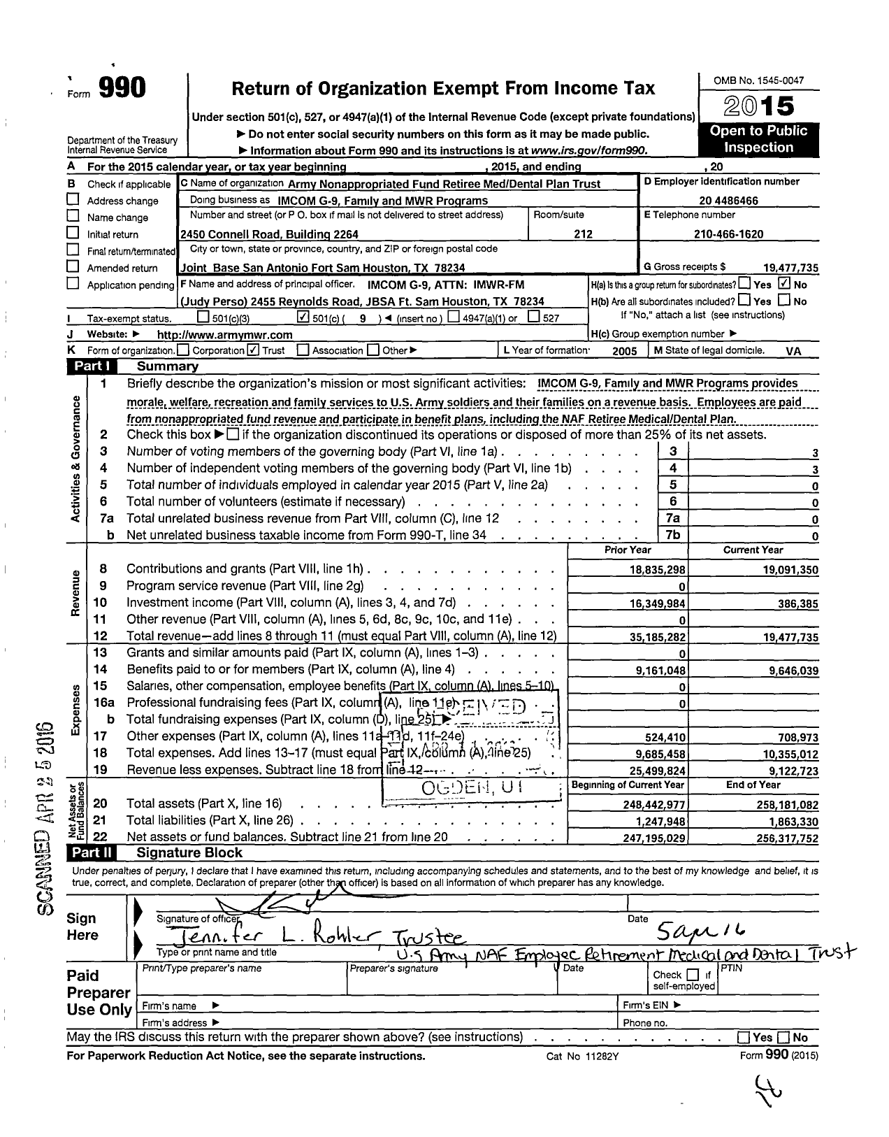 Image of first page of 2015 Form 990O for Army Nonappropriated Fund Retiree Med Dental Plan Trust