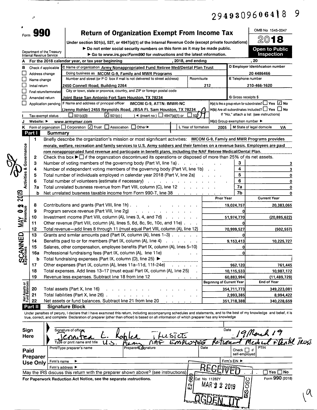 Image of first page of 2018 Form 990O for Army Nonappropriated Fund Retiree Med Dental Plan Trust