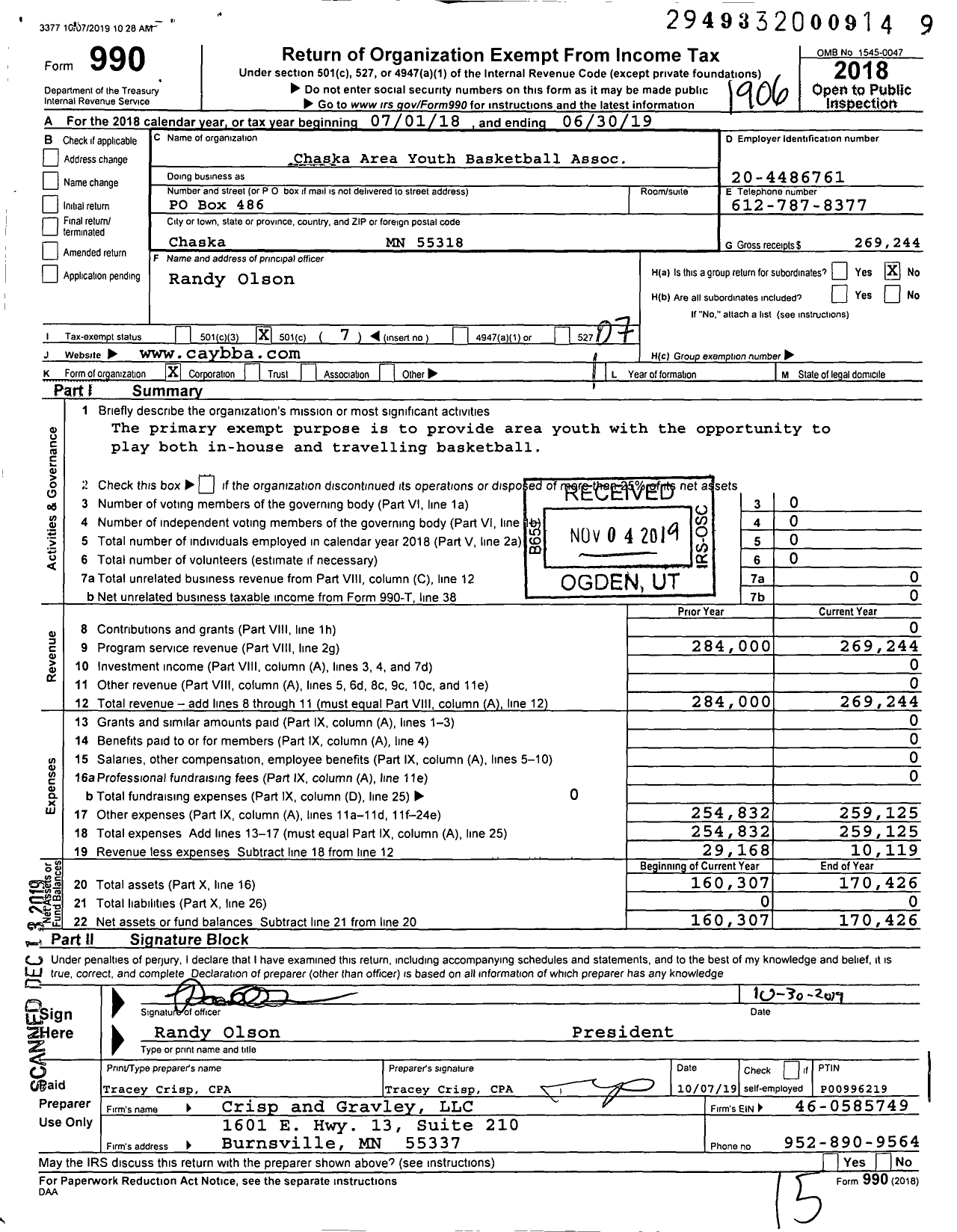 Image of first page of 2018 Form 990O for Chaska Area Youth Basketball Association